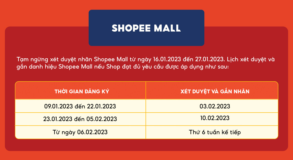 Tạm ngừng xét duyệt Shopee Mall từ ngày 16/1/2023 đến 27/1/2023