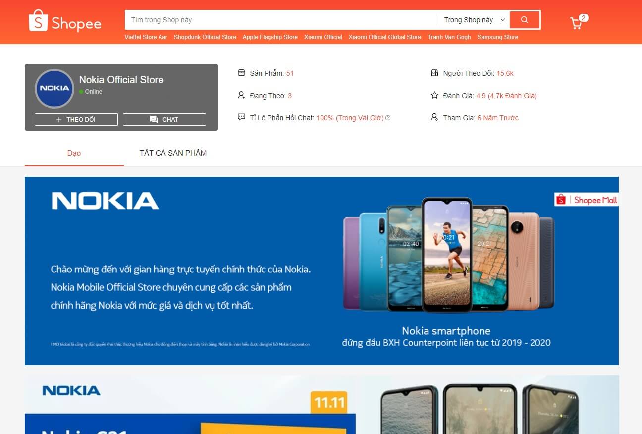 Nokia store shop bán điện thoại trên shopee uy tín